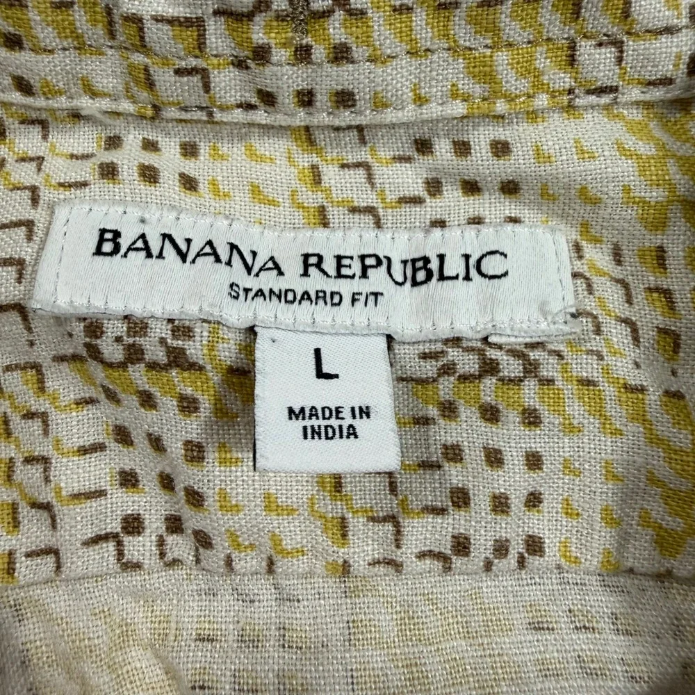 Banana Republic Shirt Mens L Yellow Geometric 100% Linen Short Sleeve Casual EUC